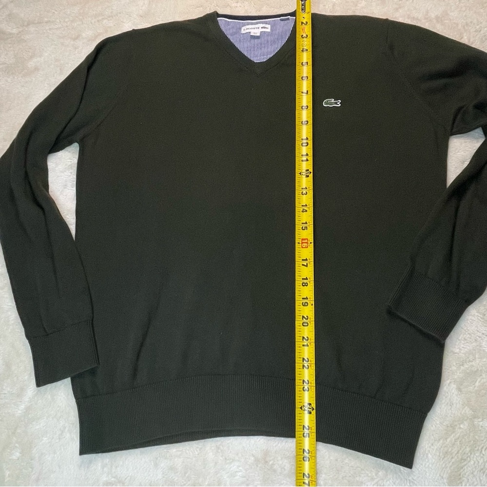 Lacoste V-Neck Jersey Knit Olive Green Sweater Preppy Large Minimalist Academia - Picture 8 of 11